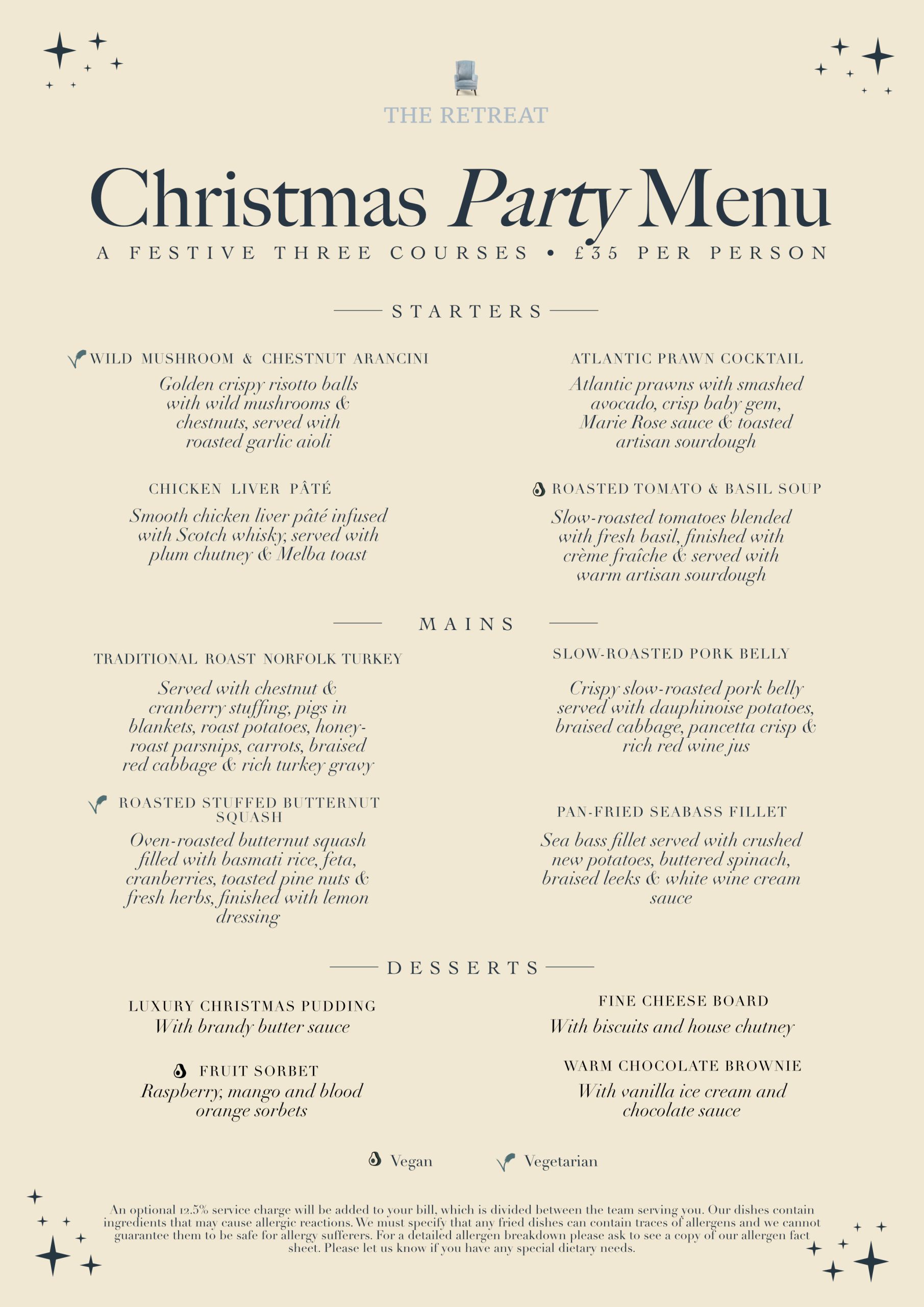 Christmas day menu 2026 retreat christmas party menu